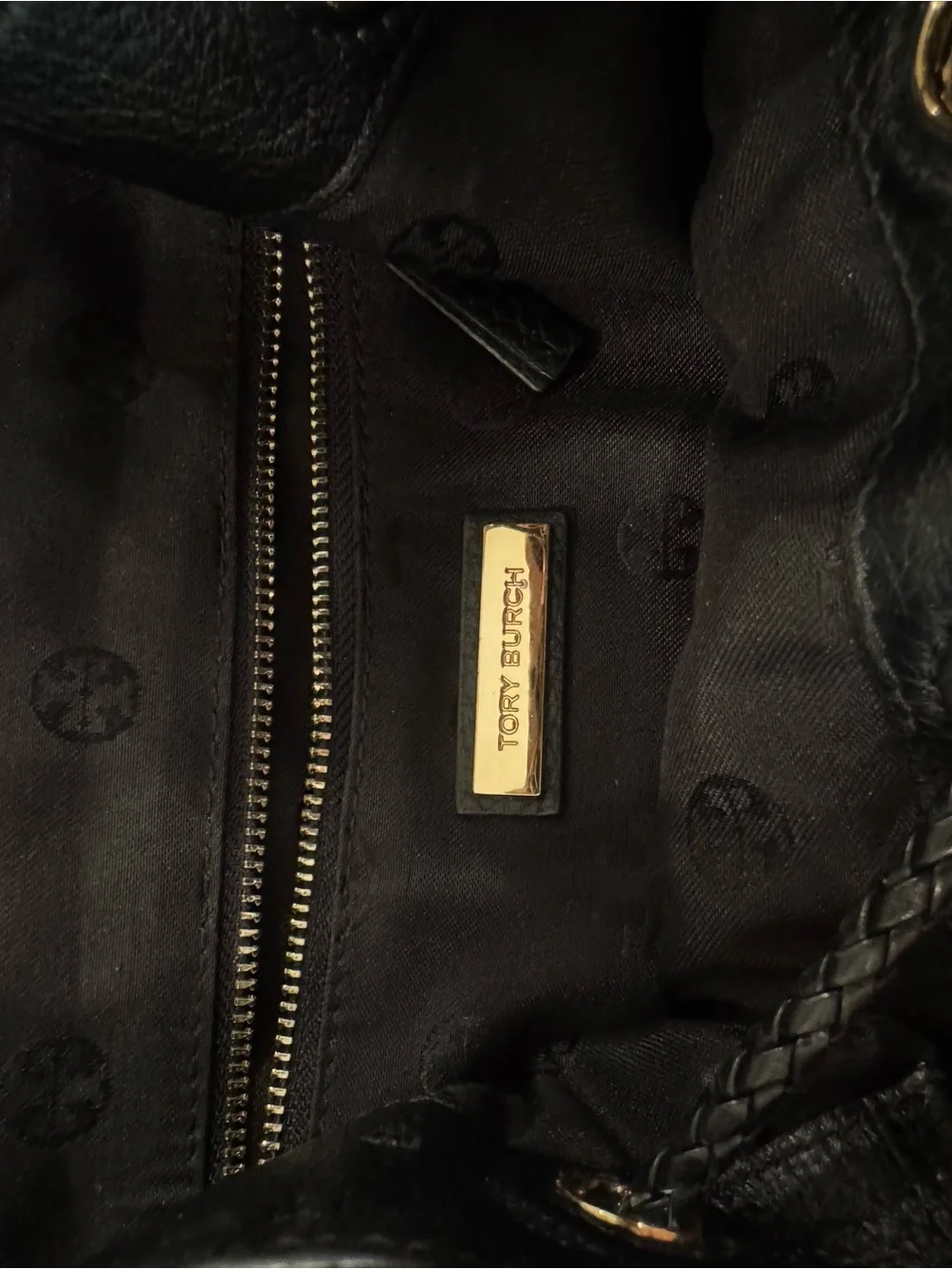 Tory Burch Black Pebbled Leather Tassel Drawstring Backpack